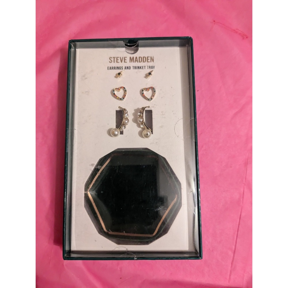 Steve Madden Gift set 3 pair earrings & trinket jewelry tray heart pearl ++ NEW